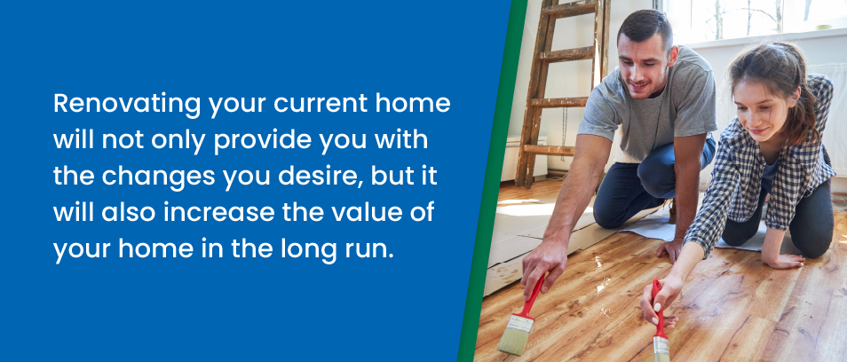 Renovating your home will not only provide you with the changes you desire but will also increase the value of your home in the long run - Image of a man and woman touching up hardwood floors